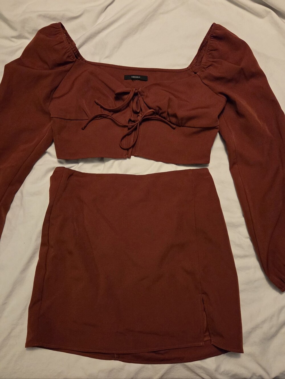 Forever 21 Mini Skirt Longsleeve Crop Top 2 Piece Set Womans Size Medium Rust